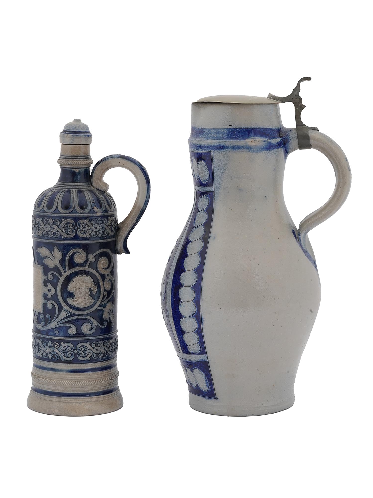 ANTIQUE FRENCH BLUE AND WHITE CERAMIC CIDER JUGS PIC-4
